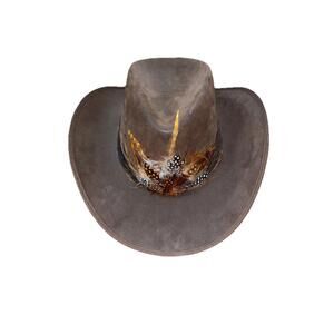 Men's Cowboy Hat Brown Felt 7.25" Soft Costume Pre-Owned Feathers Band